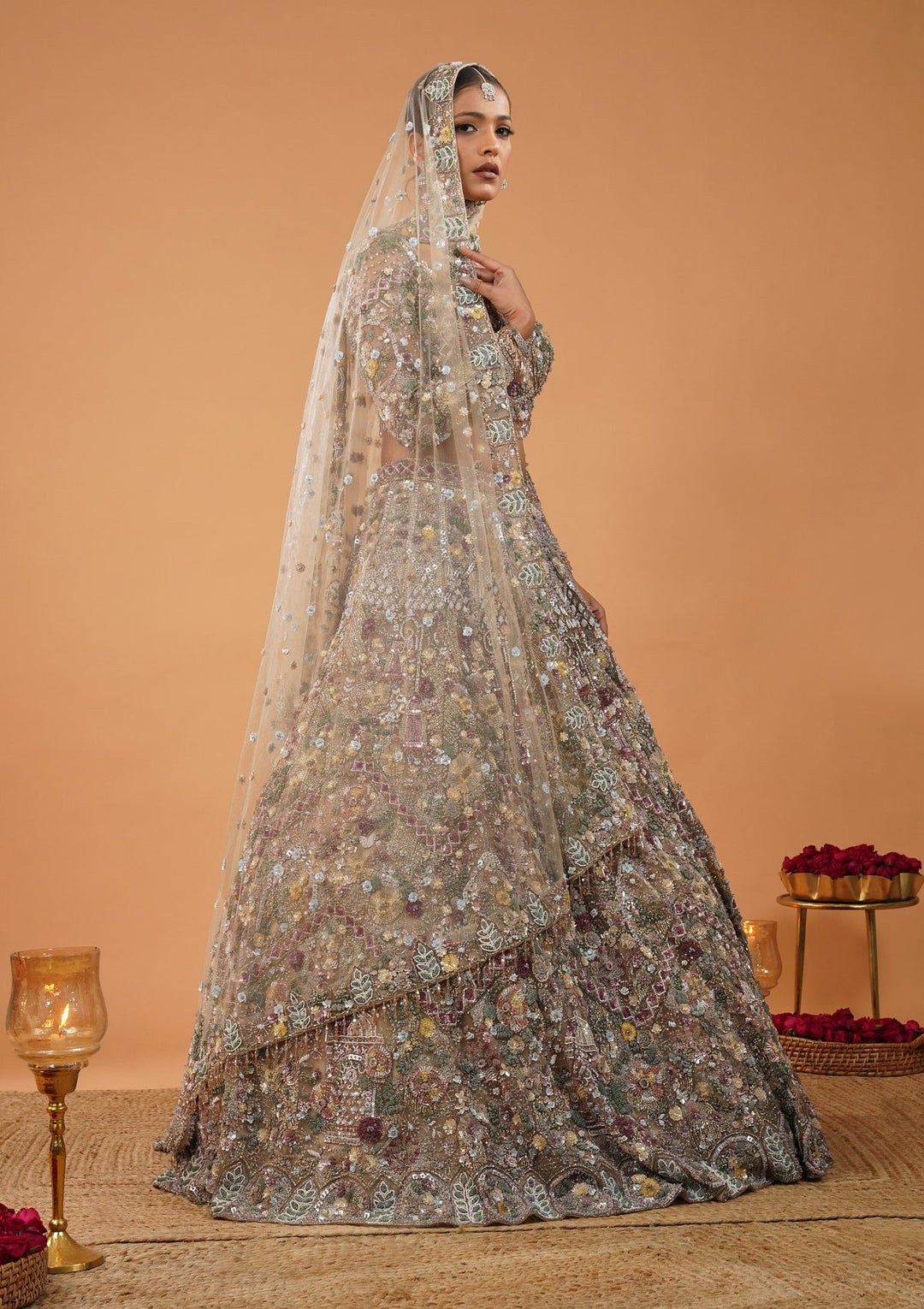 Cream Stonework Net Readymade Lehenga-Koskii