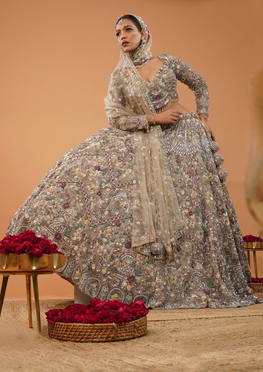 Cream Stonework Net Readymade Lehenga-Koskii