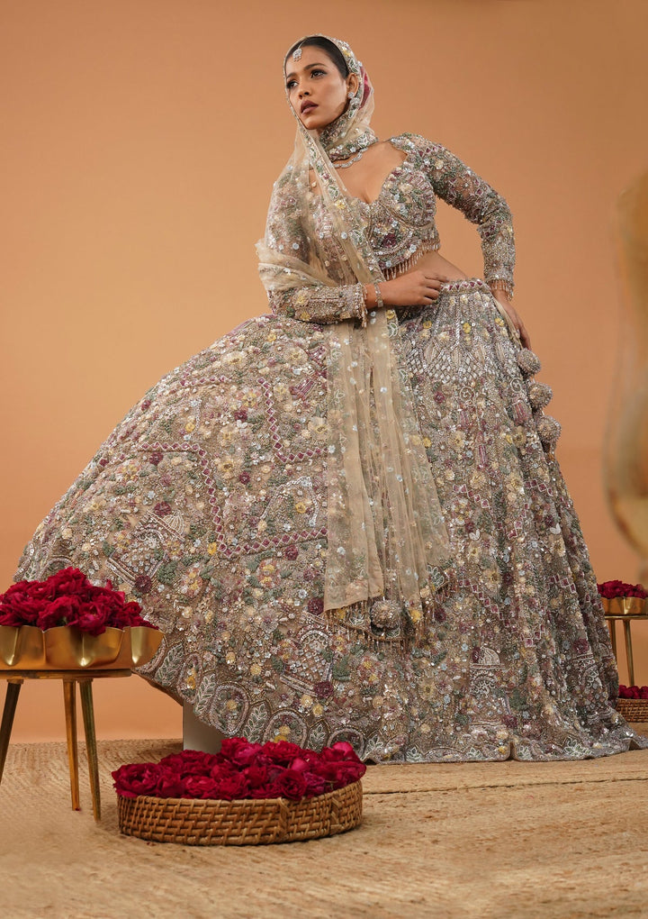 Cream Stonework Net Readymade Lehenga-Koskii