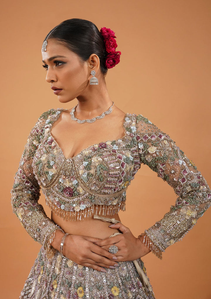 Cream Stonework Net Readymade Lehenga-Koskii