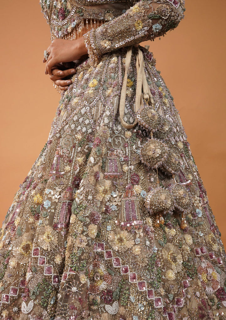 Cream Stonework Net Readymade Lehenga-Koskii