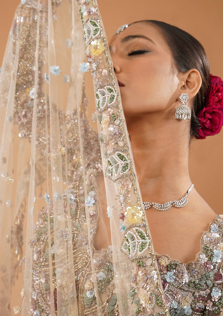 Cream Stonework Net Readymade Lehenga-Koskii