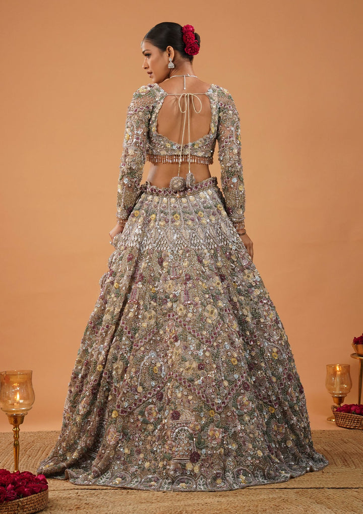 Cream Stonework Net Readymade Lehenga-Koskii