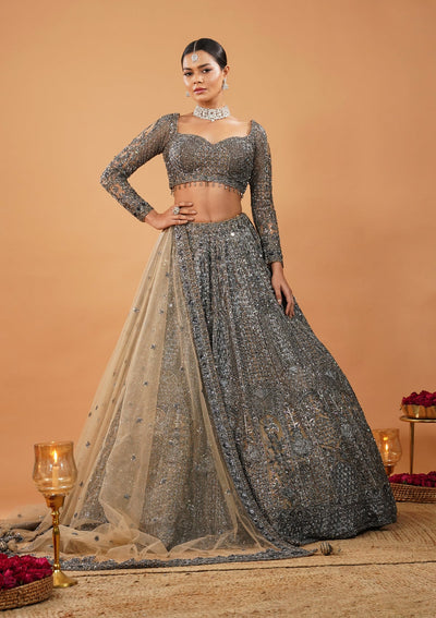 Cream Stonework Net Readymade Lehenga-Koskii