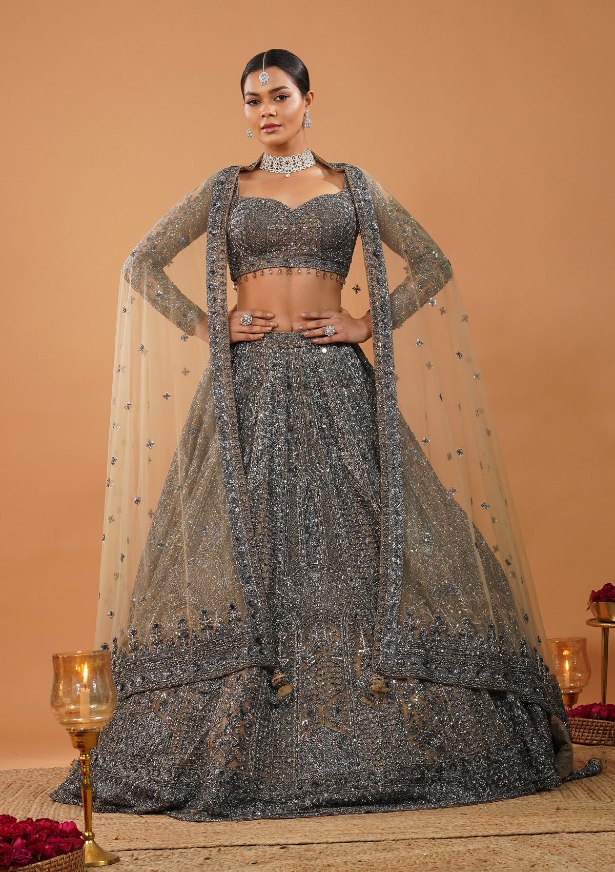 Cream Stonework Net Readymade Lehenga-Koskii