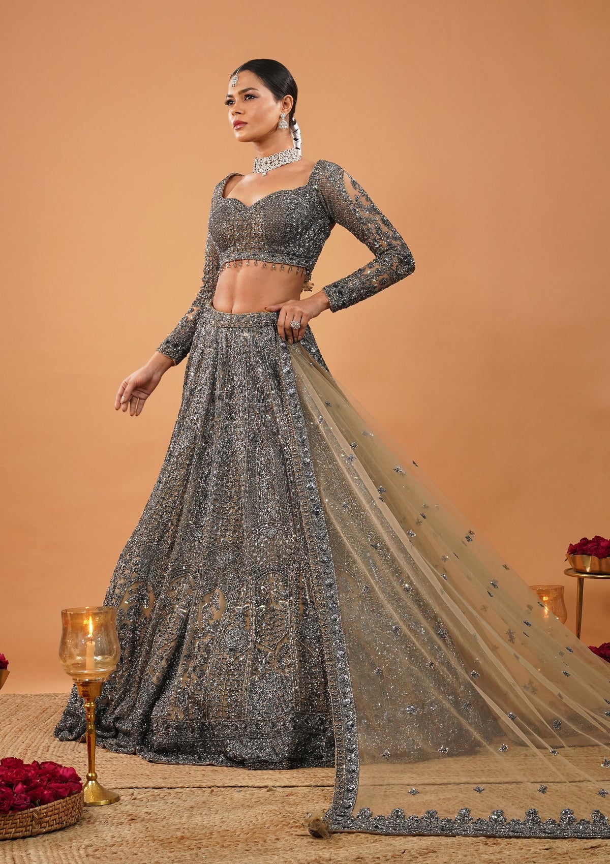 Cream Stonework Net Readymade Lehenga-Koskii