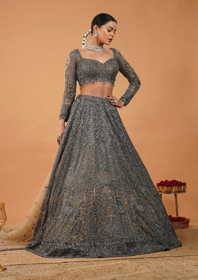 Cream Stonework Net Readymade Lehenga-Koskii