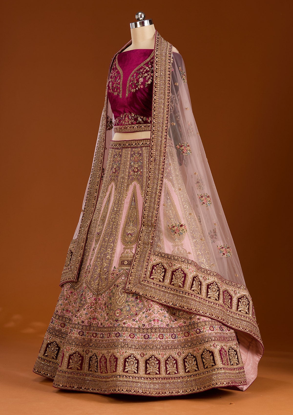 Pink Zariwork Net Semi-Stitched Lehenga-koskii