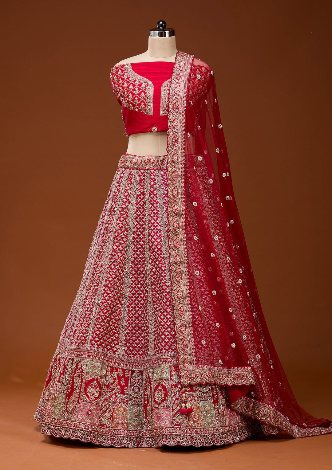 Red Zariwork Raw Silk Semi-Stitched Lehenga_Koskii