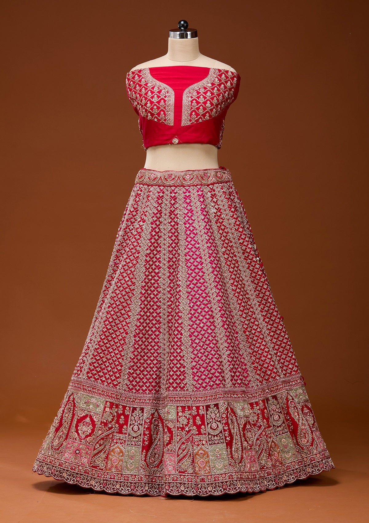 Red Zariwork Raw Silk Semi-Stitched Lehenga_Koskii