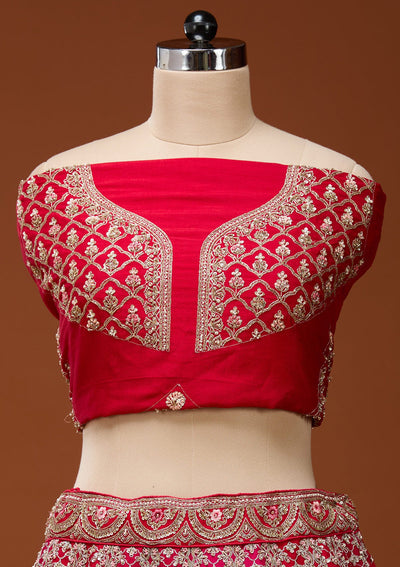 Red Zariwork Raw Silk Semi-Stitched Lehenga_Koskii