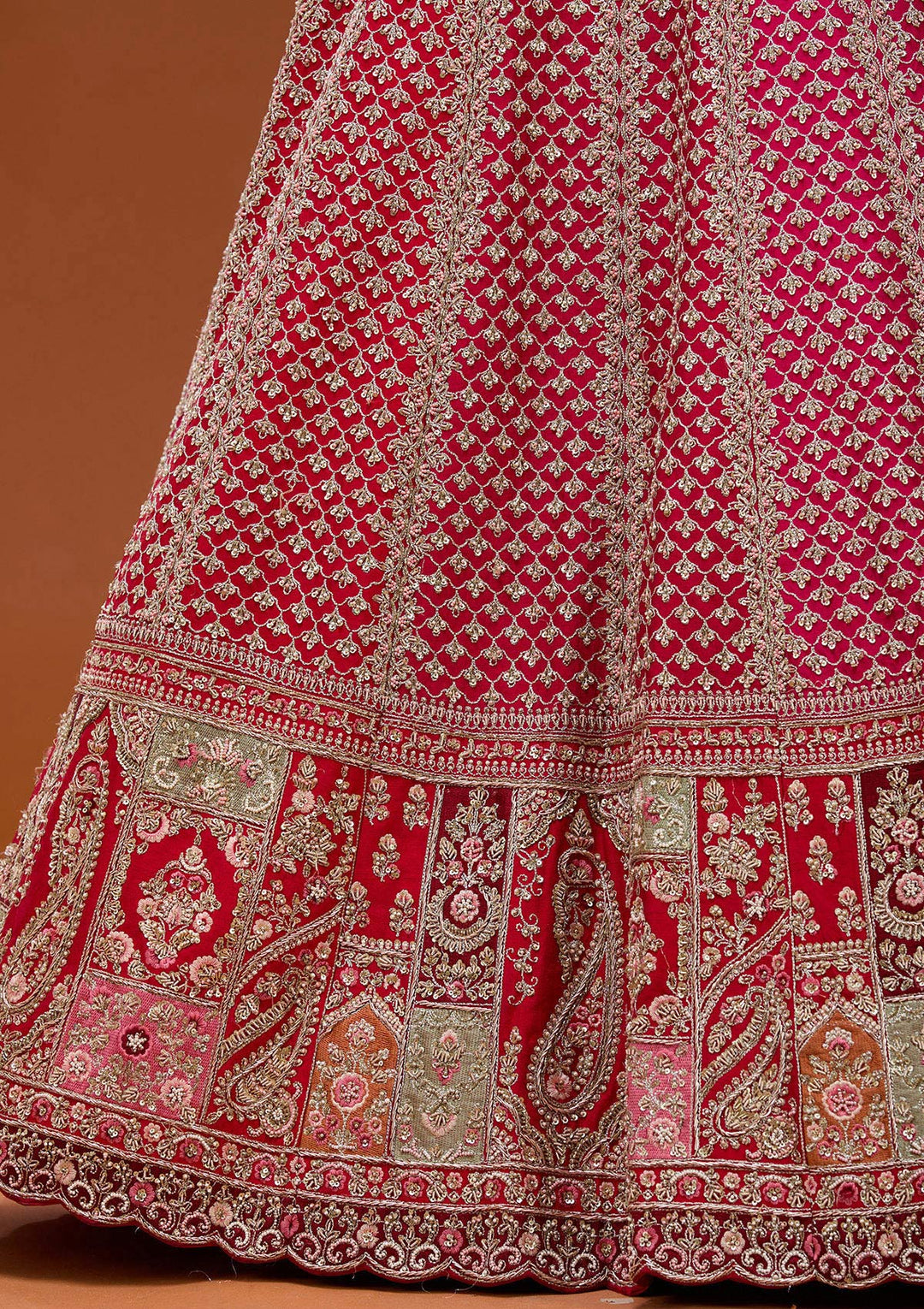 Red Zariwork Raw Silk Semi-Stitched Lehenga_Koskii