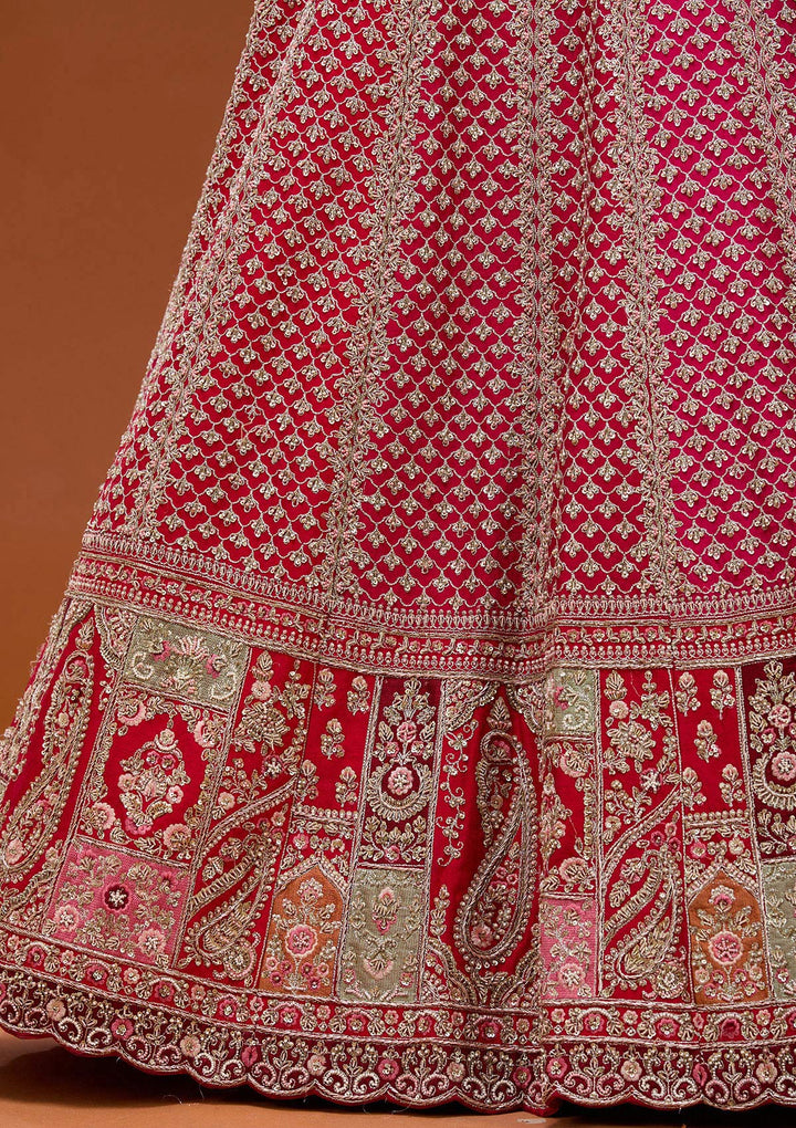 Red Zariwork Raw Silk Semi-Stitched Lehenga_Koskii