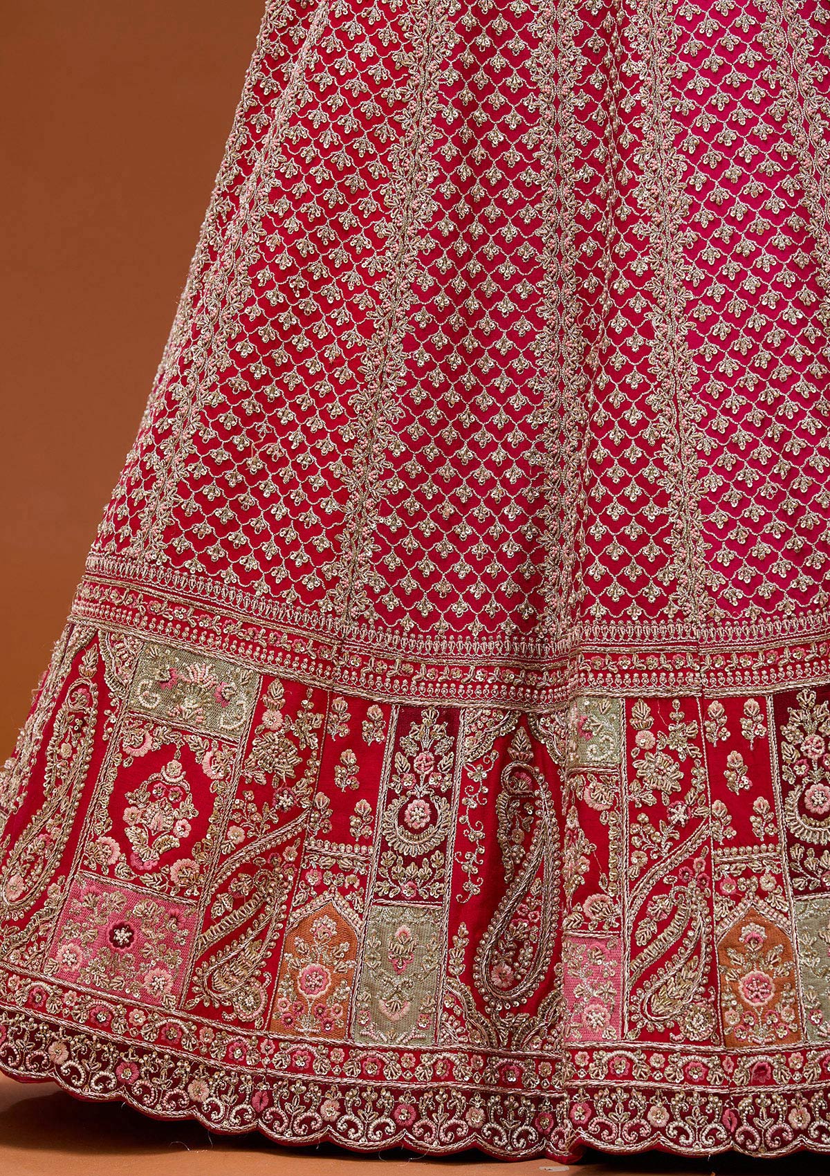 Red Zariwork Raw Silk Semi-Stitched Lehenga_Koskii