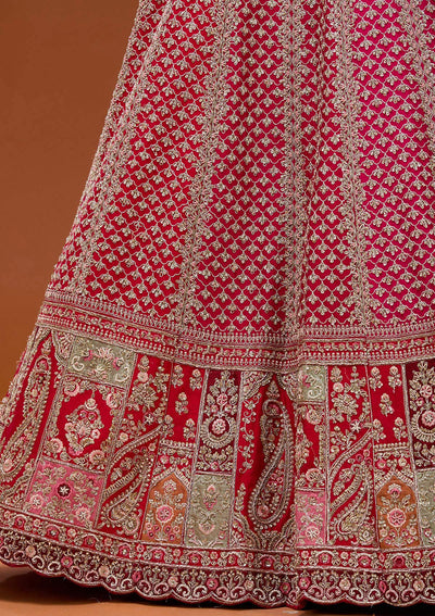 Red Zariwork Raw Silk Semi-Stitched Lehenga_Koskii