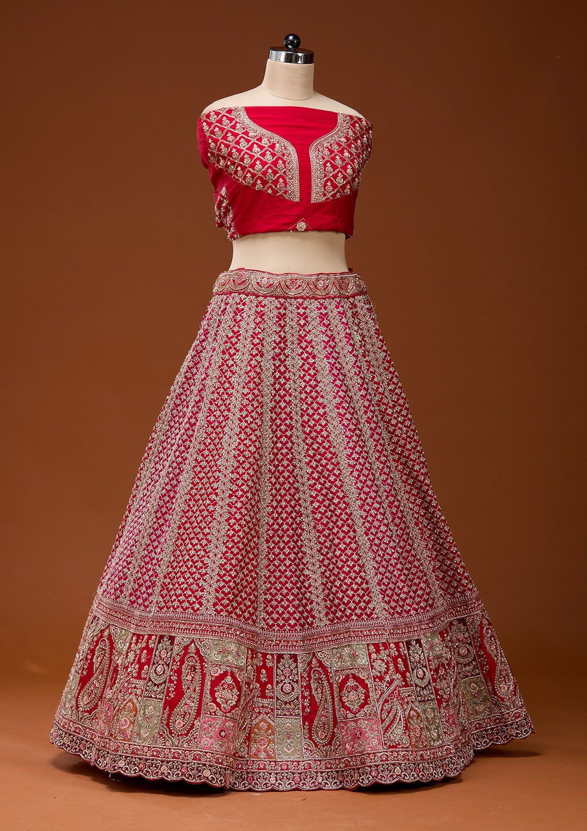 Red Zariwork Raw Silk Semi-Stitched Lehenga_Koskii