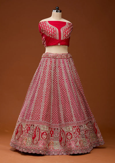 Red Zariwork Raw Silk Semi-Stitched Lehenga_Koskii