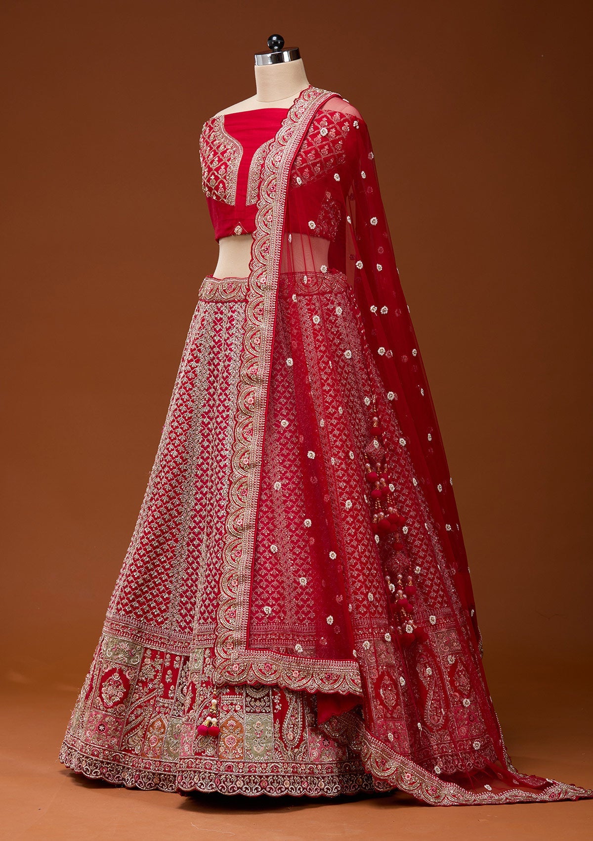 Red Zariwork Raw Silk Semi-Stitched Lehenga_Koskii