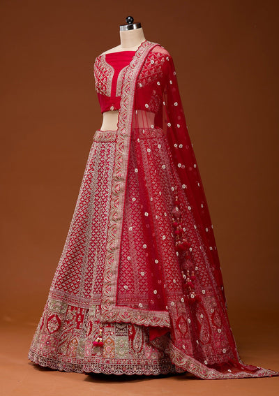 Red Zariwork Raw Silk Semi-Stitched Lehenga_Koskii