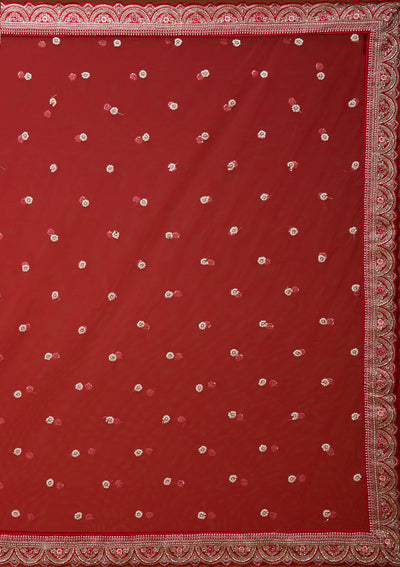 Red Zariwork Raw Silk Semi-Stitched Lehenga_Koskii