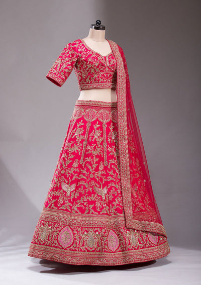 Red Zardosi Raw Silk Readymade Lehenga-koskii