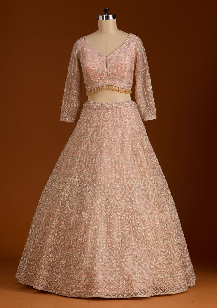 Baby Pink Silver Stonework Net Readymade Lehenga-koskii