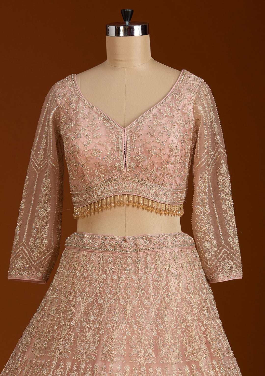 Baby Pink Silver Stonework Net Readymade Lehenga-koskii