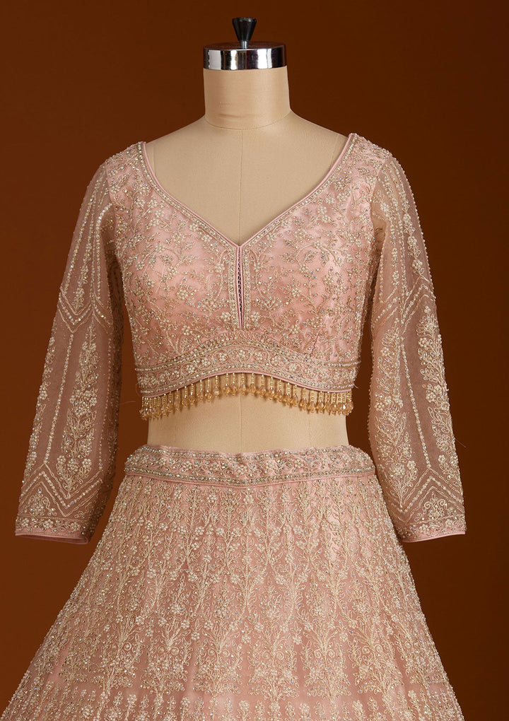 Baby Pink Silver Stonework Net Readymade Lehenga-koskii