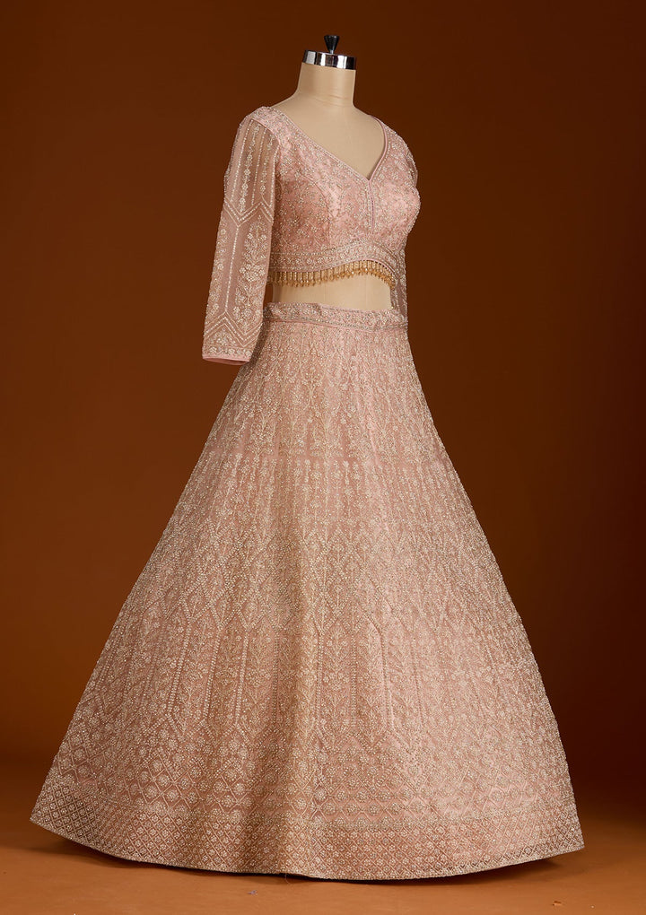 Baby Pink Silver Stonework Net Readymade Lehenga-koskii