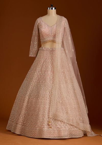 Baby Pink Silver Stonework Net Readymade Lehenga-koskii