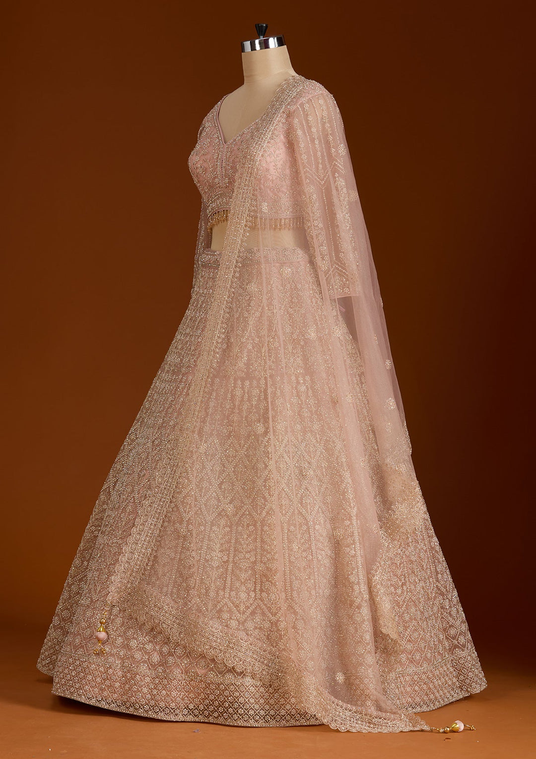 Baby Pink Silver Stonework Net Readymade Lehenga-koskii