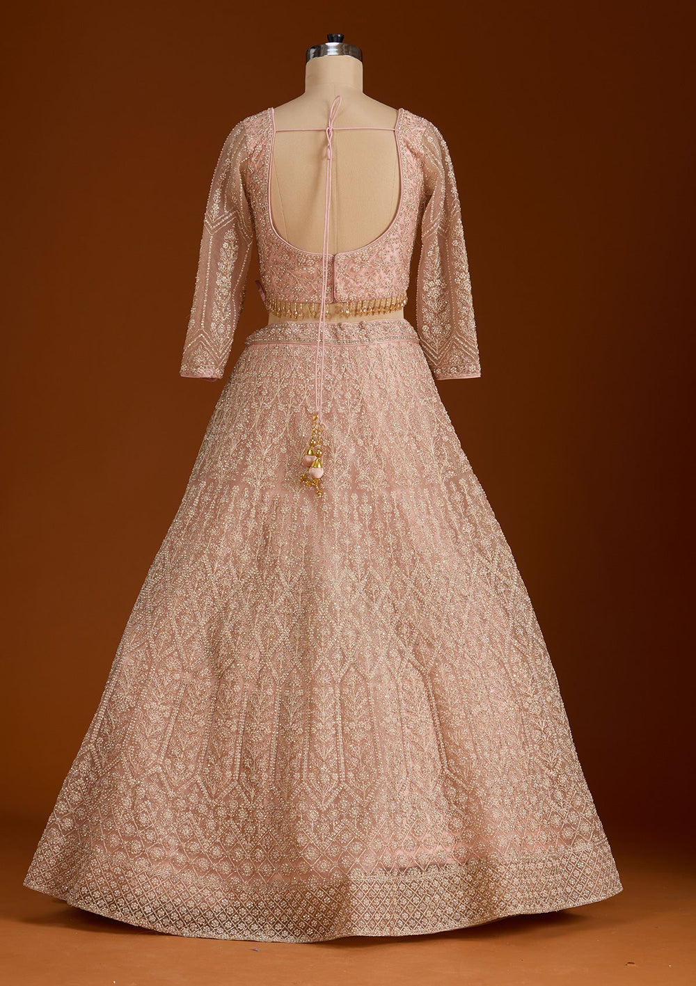Baby Pink Silver Stonework Net Readymade Lehenga-koskii