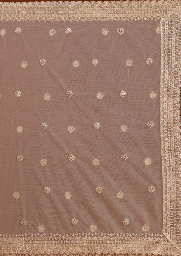 Off White Silver Stonework Net Readymade Lehenga-koskii