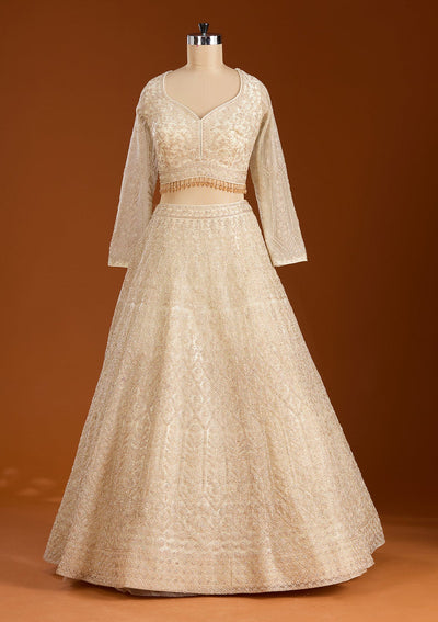 Off White Silver Stonework Net Readymade Lehenga-koskii