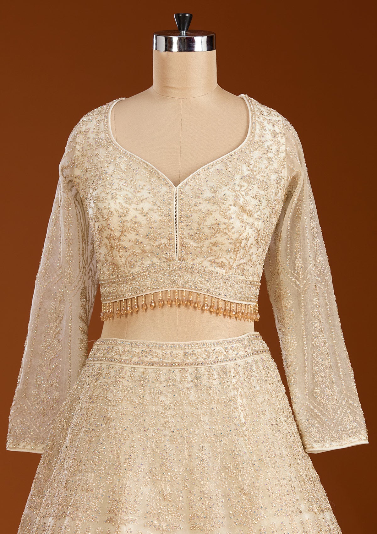 Off White Silver Stonework Net Readymade Lehenga-koskii