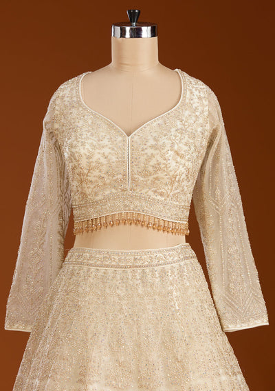 Off White Silver Stonework Net Readymade Lehenga-koskii