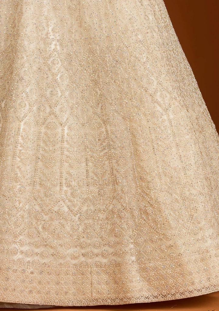 Off White Silver Stonework Net Readymade Lehenga-koskii