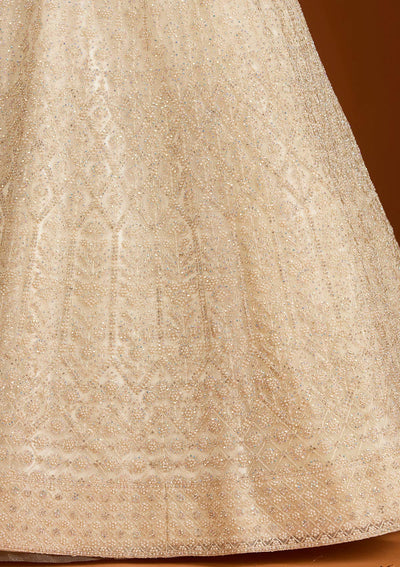 Off White Silver Stonework Net Readymade Lehenga-koskii