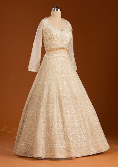 Off White Silver Stonework Net Readymade Lehenga-koskii