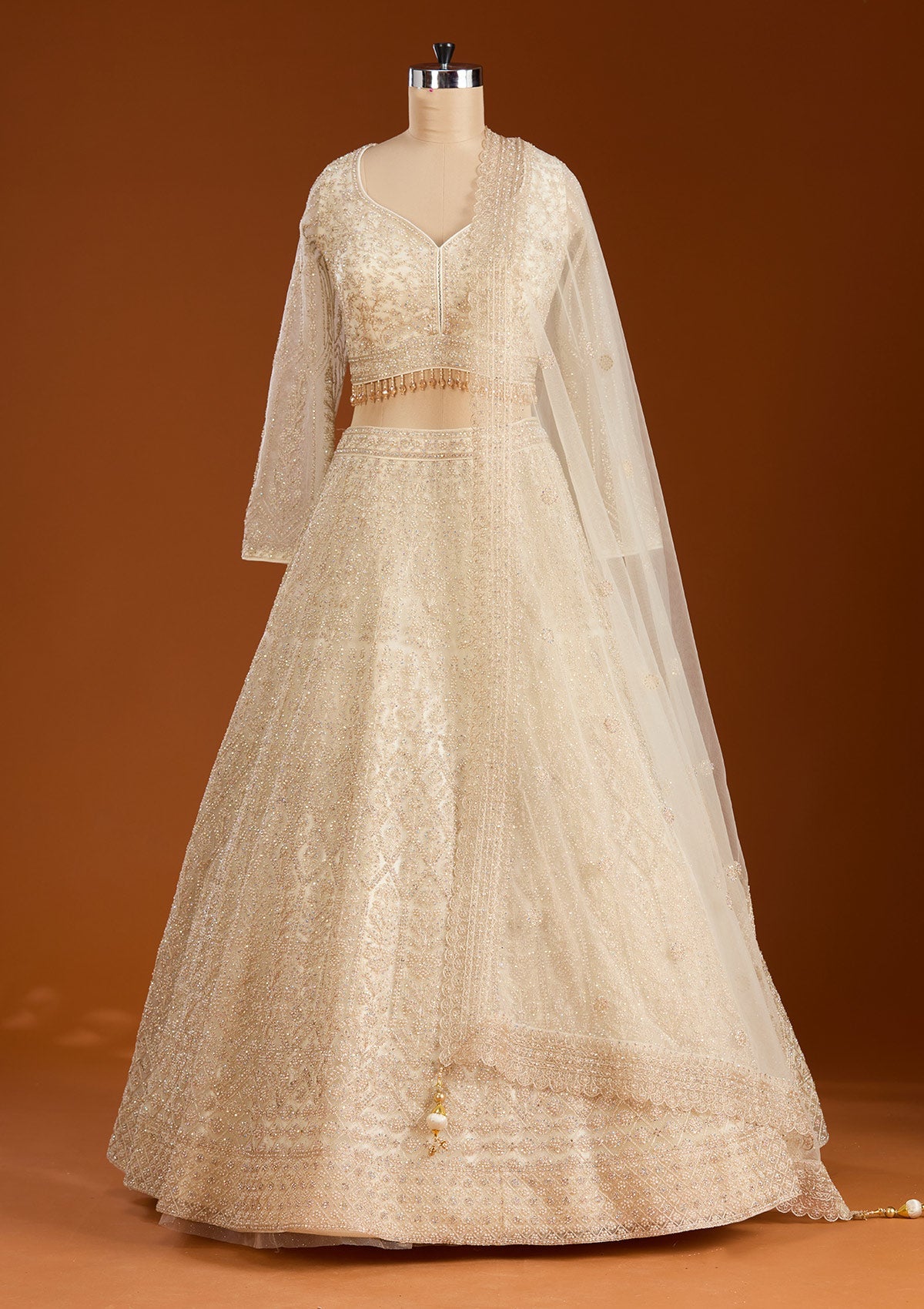 Off White Silver Stonework Net Readymade Lehenga-koskii