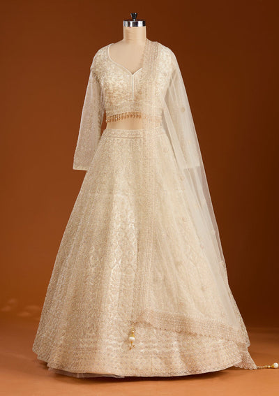 Off White Silver Stonework Net Readymade Lehenga-koskii