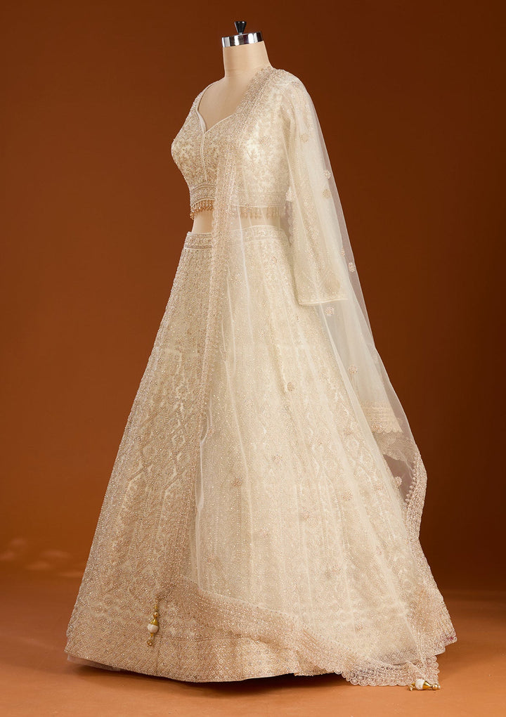 Off White Silver Stonework Net Readymade Lehenga-koskii