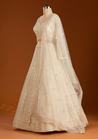 Off White Silver Stonework Net Readymade Lehenga-koskii