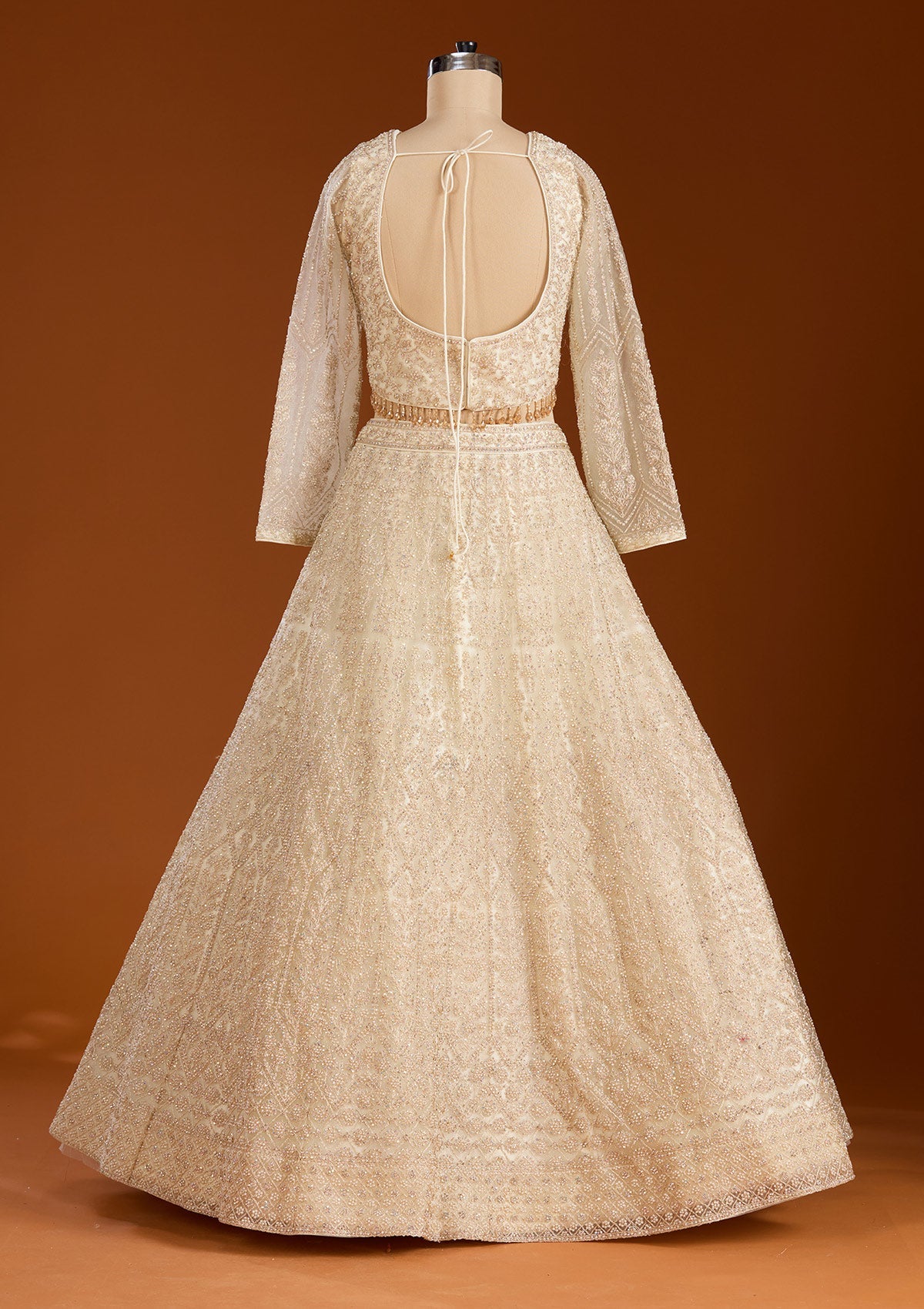 Off White Silver Stonework Net Readymade Lehenga-koskii