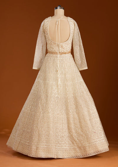 Off White Silver Stonework Net Readymade Lehenga-koskii