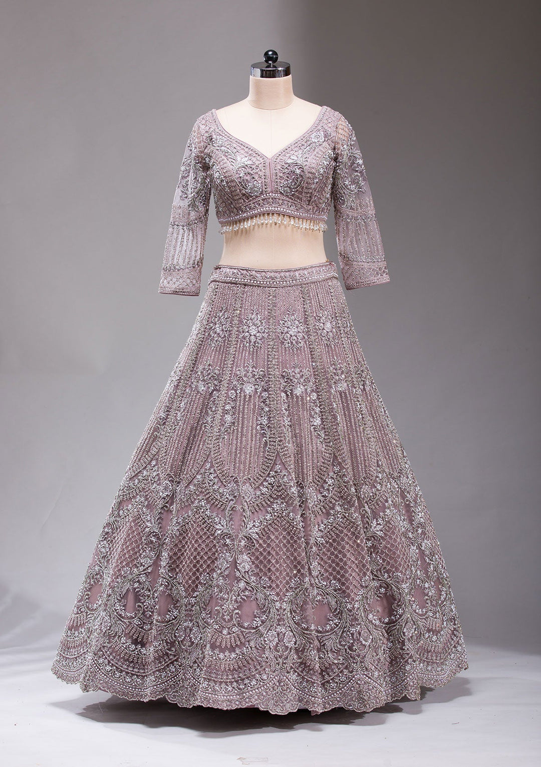 Mauve Silver Stonework Net Readymade Lehenga-koskii