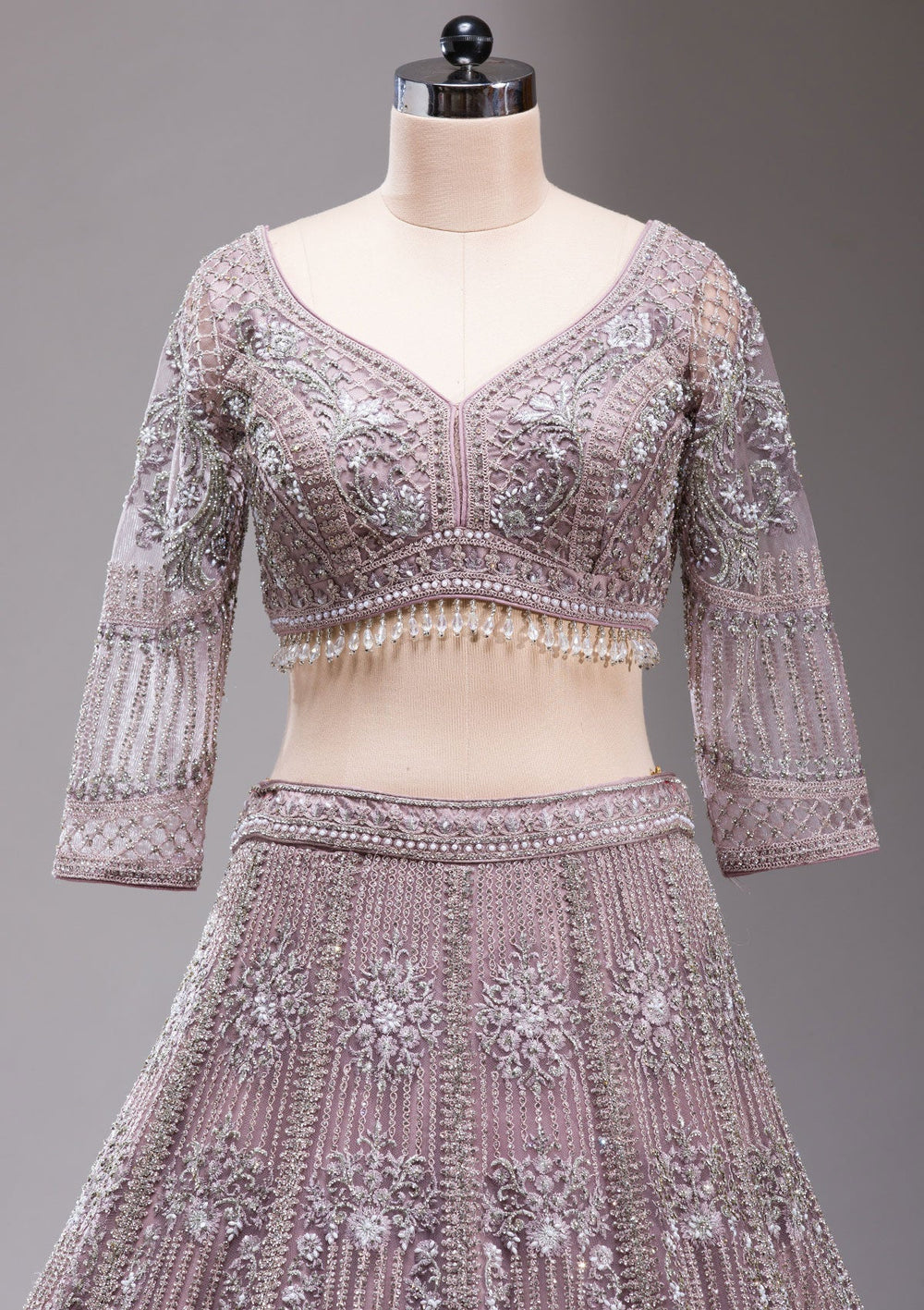 Mauve Silver Stonework Net Readymade Lehenga-koskii