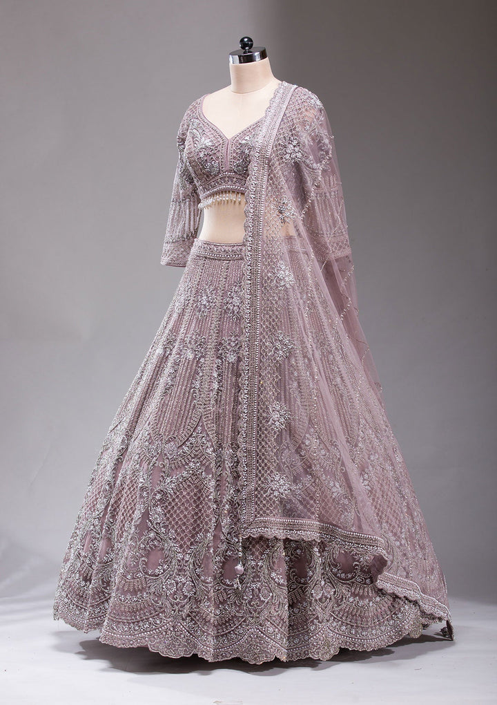 Mauve Silver Stonework Net Readymade Lehenga-koskii