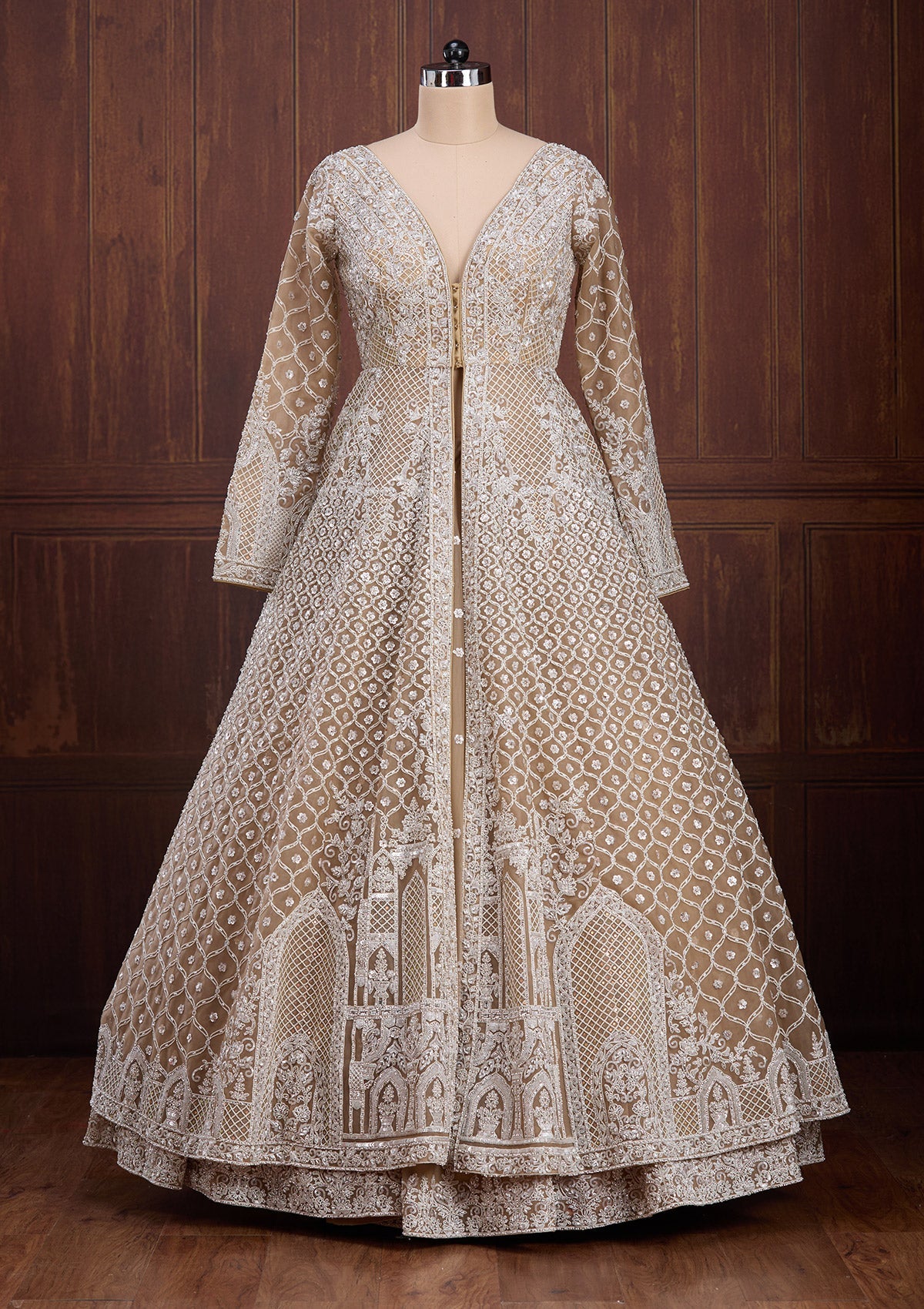 Beige Silver Zariwork Net Readymade Lehenga-Koskii
