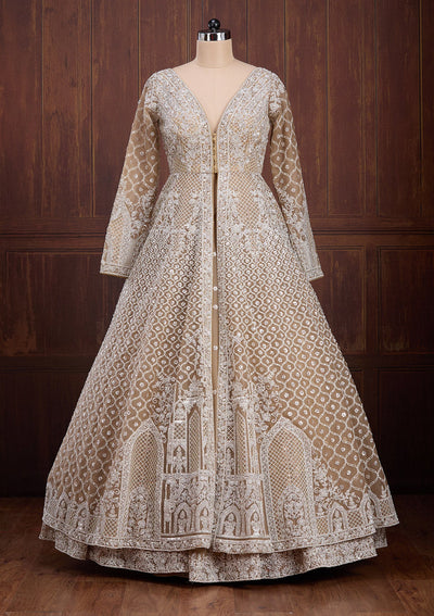 Beige Silver Zariwork Net Readymade Lehenga-Koskii